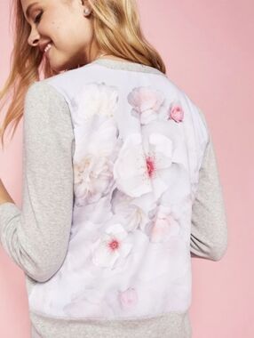 TED BAKER LONDON Light Gray Cardigan with Floral Chiffon back panel